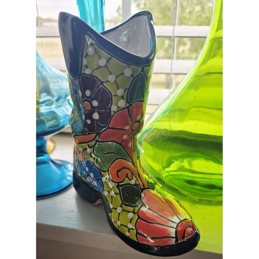 Talavera Western Cowboy Boot Ceramic 7" Planter Mexican Art Pottery Mexico